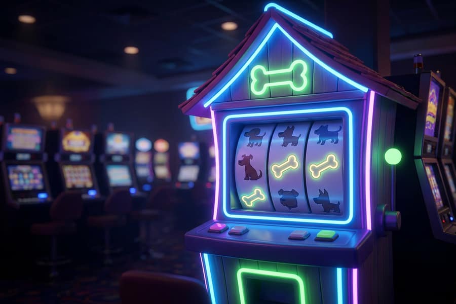Слот Dog House собаки и лапки на барабанах